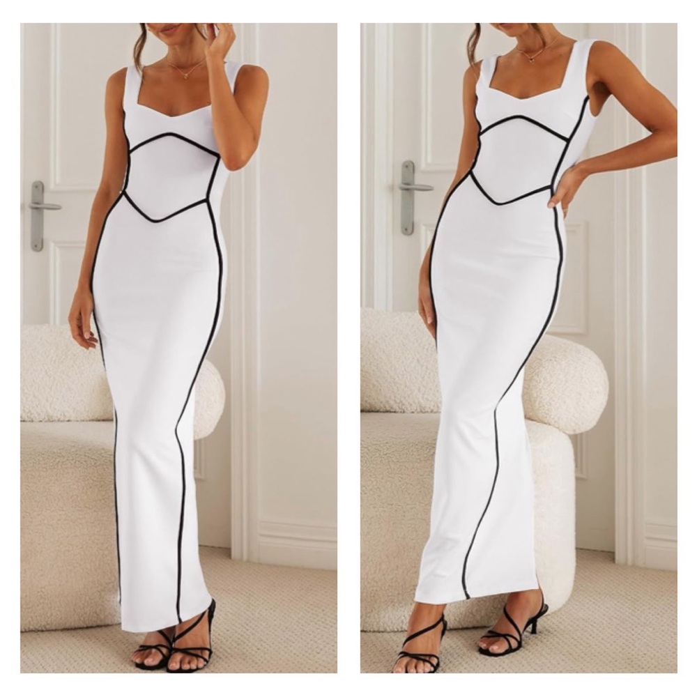 White & Black Sleeveless Square Neck BodyCon Maxi Dress